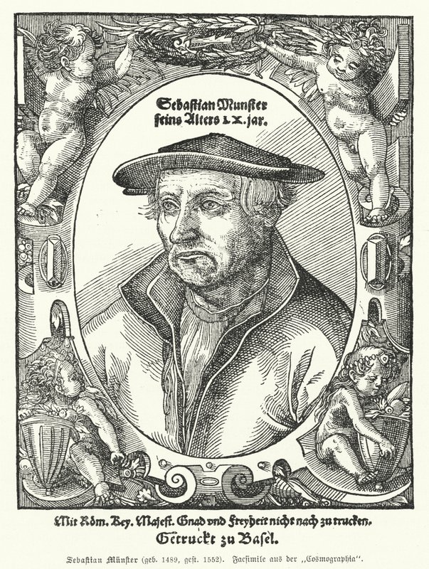 Sebastian Muenster, Duitse cartograaf, kosmograaf en auteur van Cosmographia, het vroegste werk dat de wereld in het Duits beschrijft (gravure) door German School