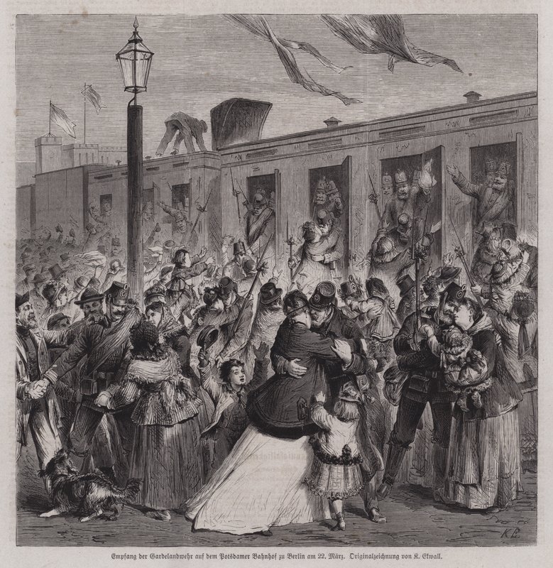 Soldaten van de Pruisische Gardelandwehr verwelkomd op Potsdam Station, Berlijn, bij hun terugkeer van de Frans-Pruisische Oorlog, 22 maart 1871 door German School