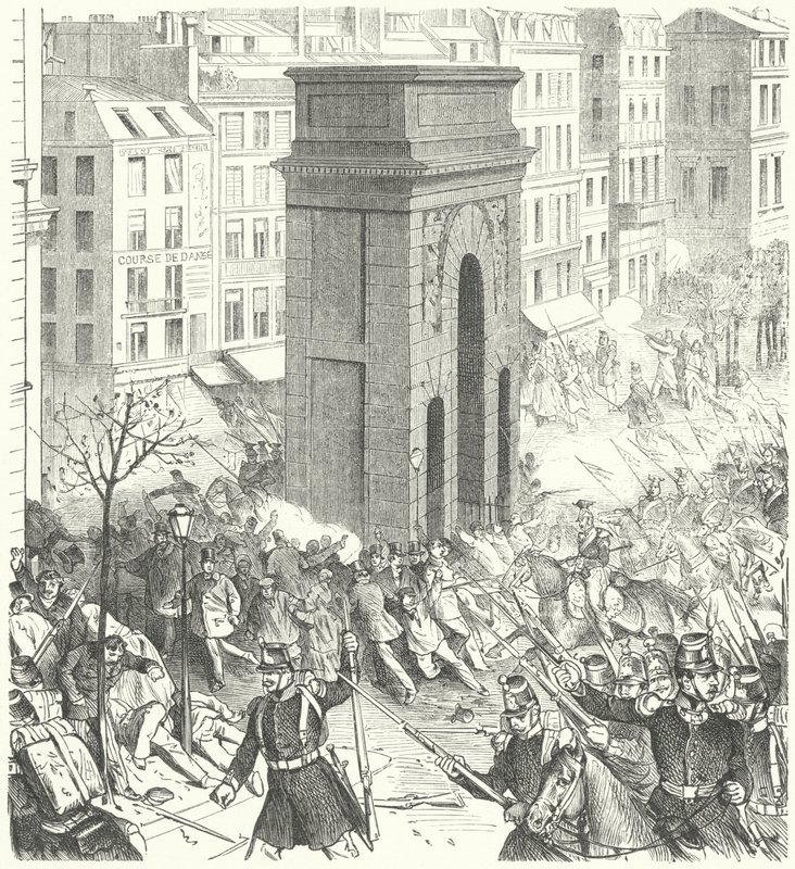 Soldaten op de straten van Parijs tijdens de Franse staatsgreep van december 1851 (gravure) door German School