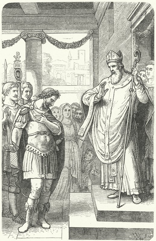St. Ambrosius die keizer Theodosius I de toegang tot de kathedraal van Milaan ontzegt als straf voor het bloedbad van Thessaloniki, 390 door German School