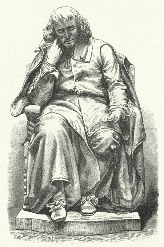 Standbeeld van de Nederlandse filosoof Baruch Spinoza in Den Haag (gravure) door German School