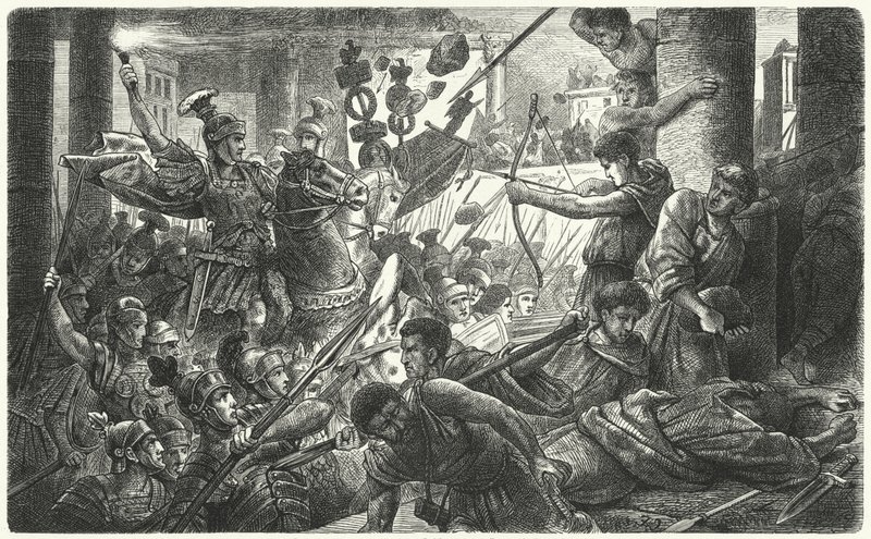 Sulla betreedt Rome met zijn leger, 88 v.Chr. (gravure) door German School