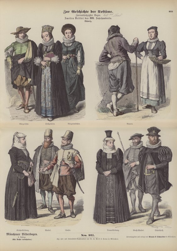Zwitserse kostuums, midden 17e eeuw (gekleurde gravure) door German School