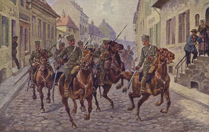 Tijdelijke inname van de stad Reims door Duitse huzaren, Eerste Wereldoorlog, 9 september 1914 (kleurenlitho) door German School