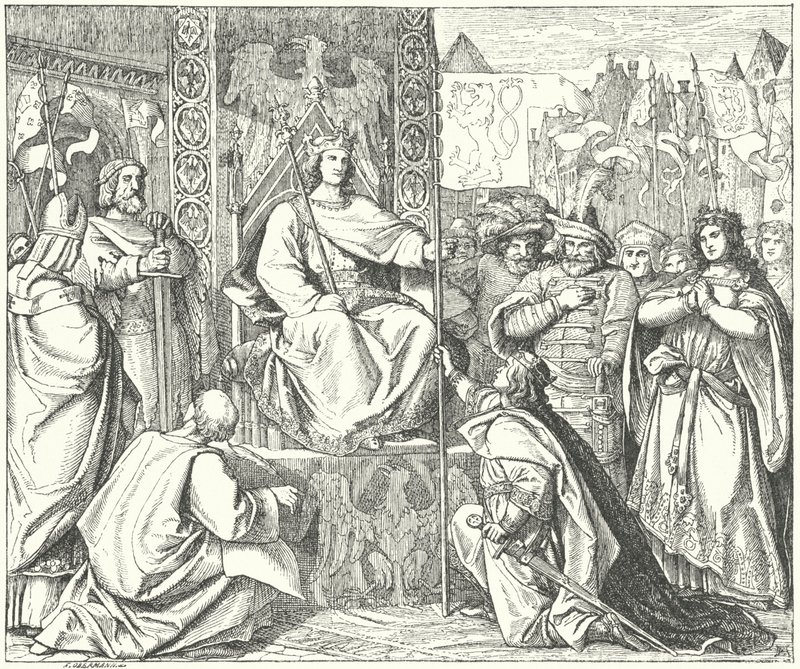De Heilige Roomse Keizer Hendrik VII roept zijn zoon, Jan van Bohemen, terug (gravure) door German School