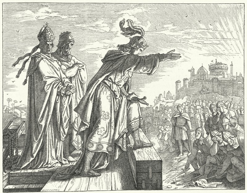 De Heilige Roomse Keizer Otto III beschuldigt de Romeinen van ontrouw (gravure) door German School
