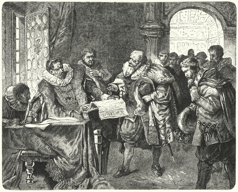 De Heilige Roomse Keizer Rudolf II verleent Boheemse protestanten meer religieuze vrijheid in zijn Majesteitsbrief door German School