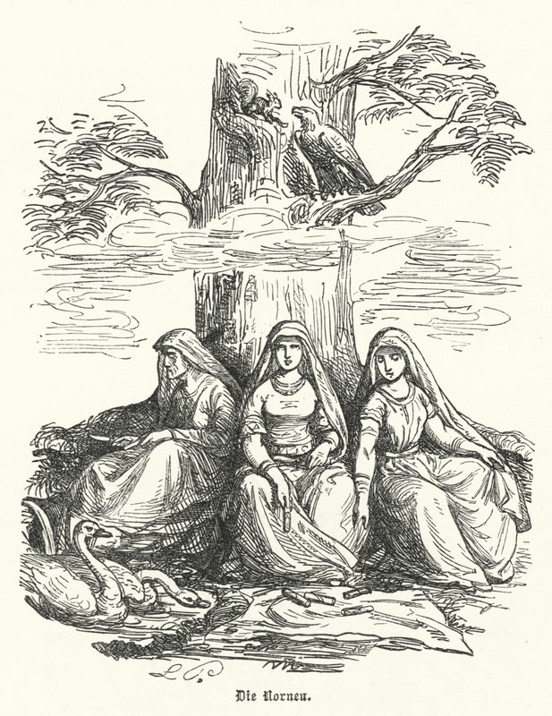 De Norns, vrouwelijke wezens uit de Noorse mythologie (gravure) door German School