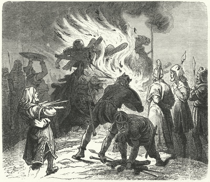 De legendarische Zweedse koning Sigurd Hring verbrandt het lichaam van Harald Wartooth na de Slag bij Bravellir (gravure) door German School