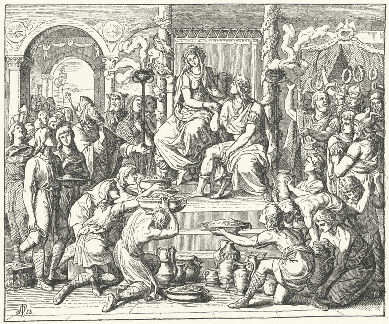 Het huwelijk van Ataulf, koning van de Visigoten, en Galla Placidia, dochter van de Romeinse keizer Theodosius I, 414 (gravure) door German School