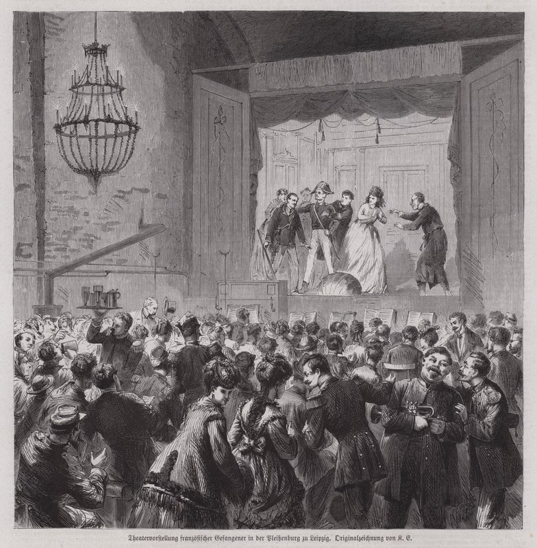 Theatervoorstelling door Franse krijgsgevangenen uit de Frans-Pruisische Oorlog in de Pleissenburg, Leipzig, Duitsland door German School