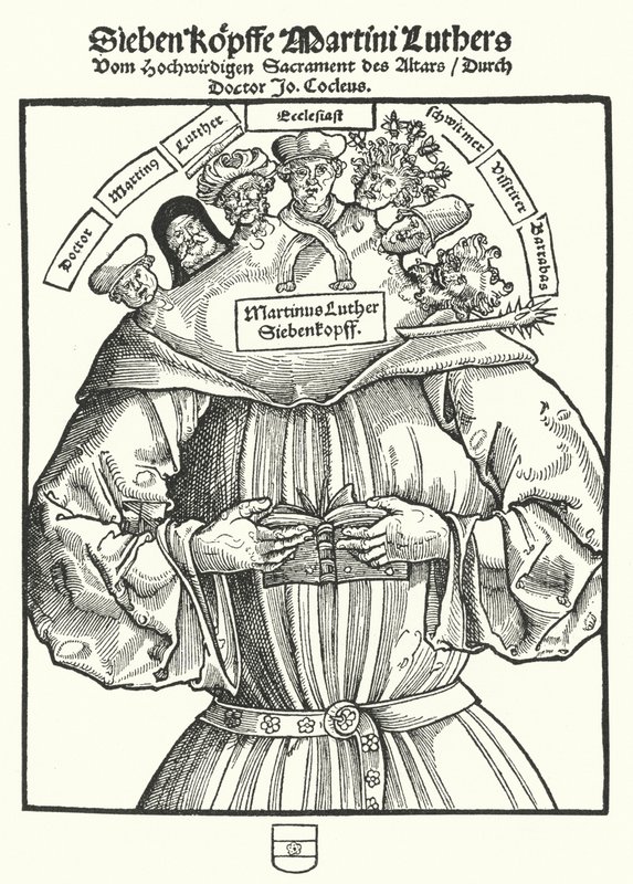 Titelpagina van het pamflet De Zeven Hoofden van Maarten Luther door Johannes Cochlaeus door German School