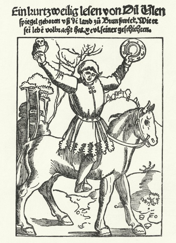 Till Eulenspiegel afgebeeld met uil en spiegel door German School