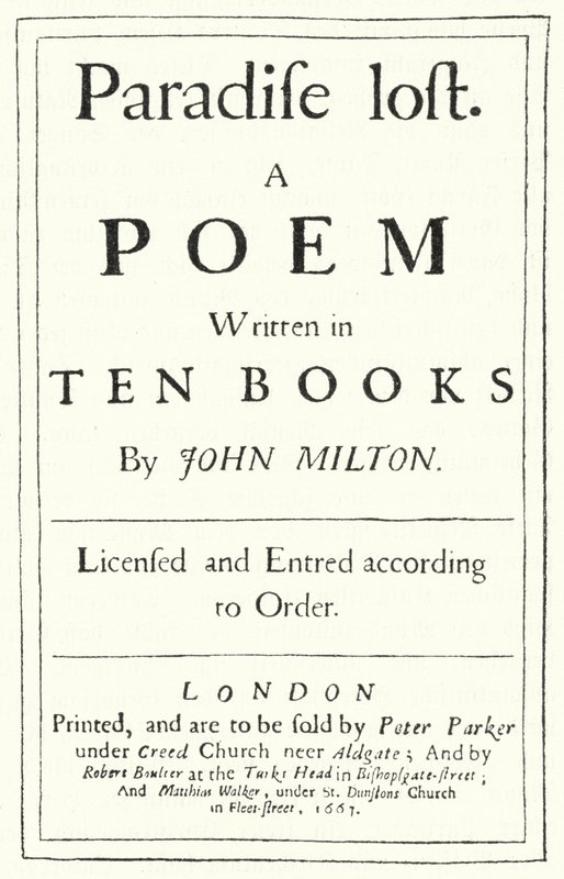Titelpagina van de originele editie van Paradise Lost door de Engelse dichter John Milton, gepubliceerd in 1667 (gravure) door German School