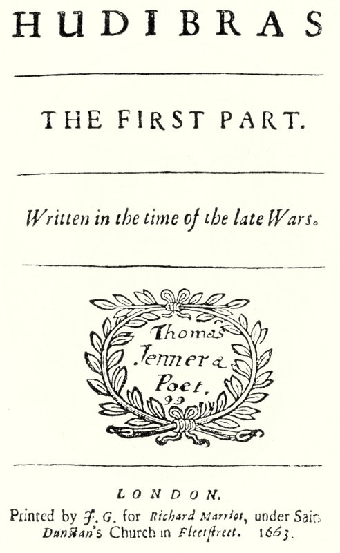 Titelpagina van het satirische gedicht Hudibras door de Engelse dichter Samuel Butler, gepubliceerd in 1663 door German School