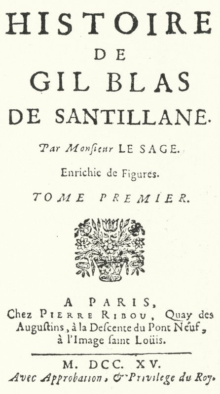Titelpagina van de eerste editie van Gil Blas door de Franse romanschrijver en toneelschrijver Alain-Rene Lesage, gepubliceerd in 1715 door German School