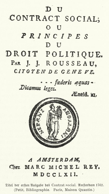 Titelpagina van de eerste editie van Het maatschappelijk verdrag, door Jean-Jacques Rousseau door German School