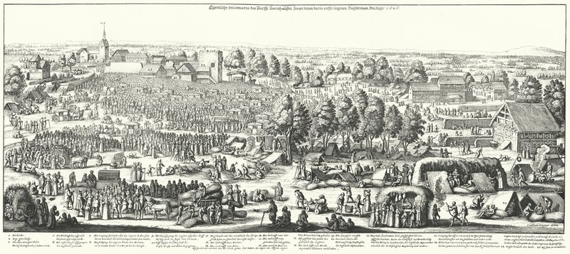 Reizigers bezoeken de geneeskrachtige bronnen in het dorp Hornhausen, 1646 (gravure) door German School
