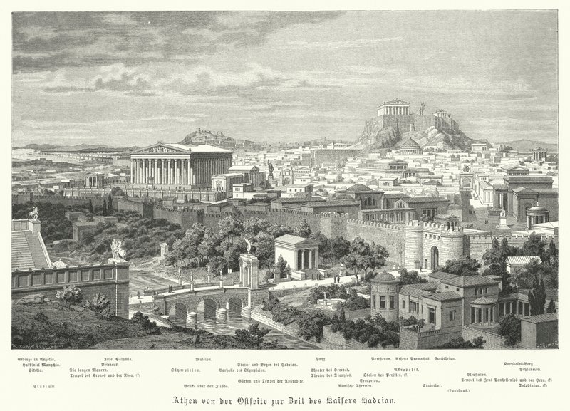 Uitzicht op Athene vanuit het oosten tijdens het bewind van het Romeinse Rijk Hadrianus, 2e eeuw door German School