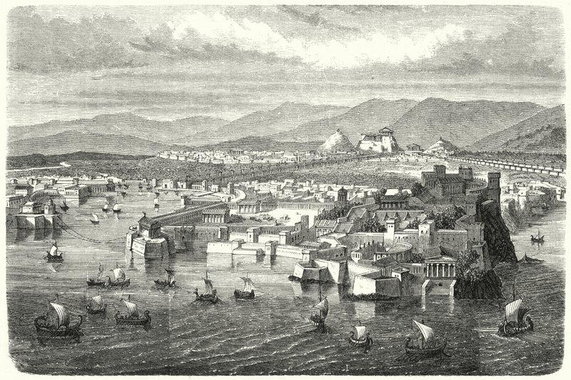 Uitzicht op het oude Athene vanaf Piraeus door German School