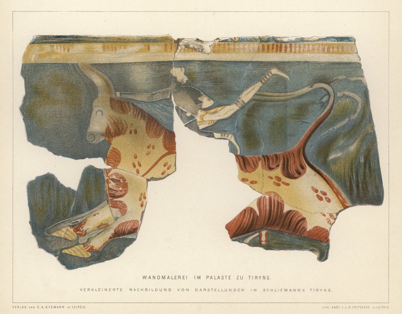 Muurschildering uit het Myceense paleis in Tiryns, Griekenland, opgegraven door de Duitse archeoloog Heinrich Schliemann door German School