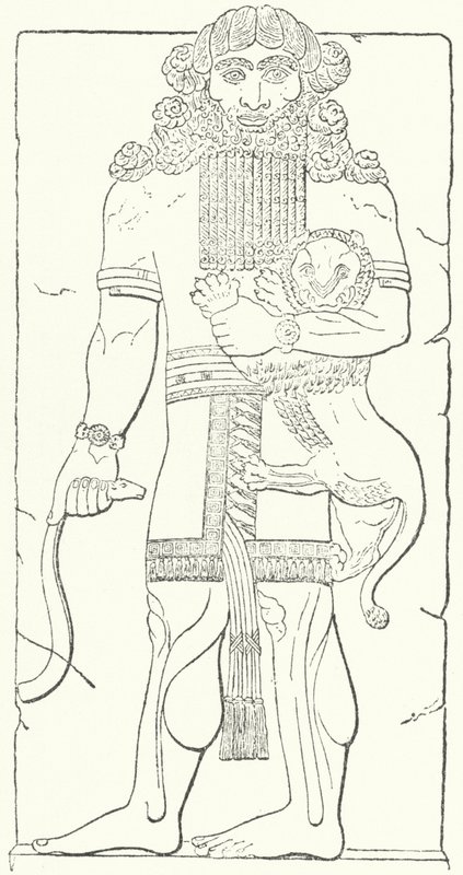 Wandreliëf van Gilgamesh uit de ruïnes van Dur-Sharrukin, hoofdstad van de Assyriërs ten tijde van koning Sargon II (gravure) door German School
