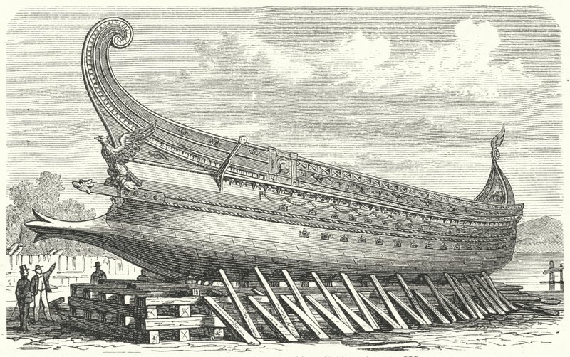 Oorlogsschip ontworpen door Napoleon III van Frankrijk gebaseerd op een oude Romeinse trireem (gravure) door German School