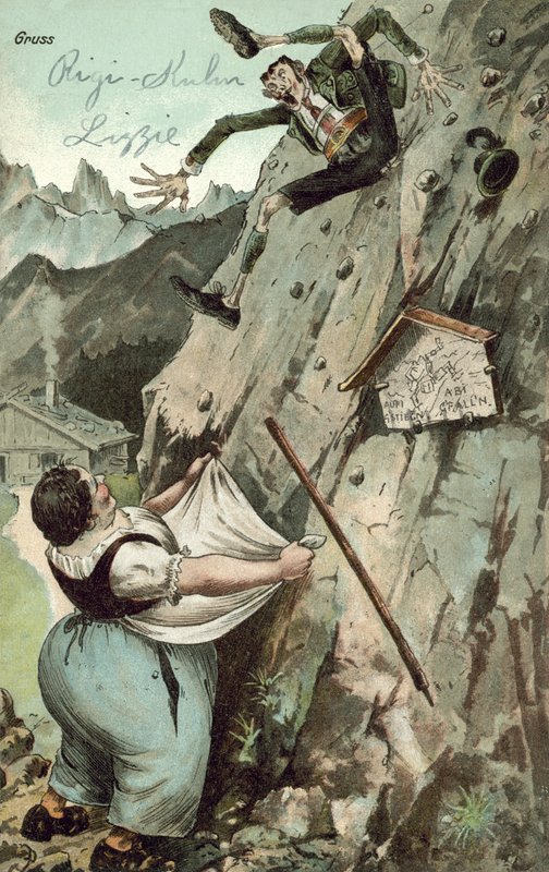 Vrouw vangt man die van berg valt (kleur litho) door German School