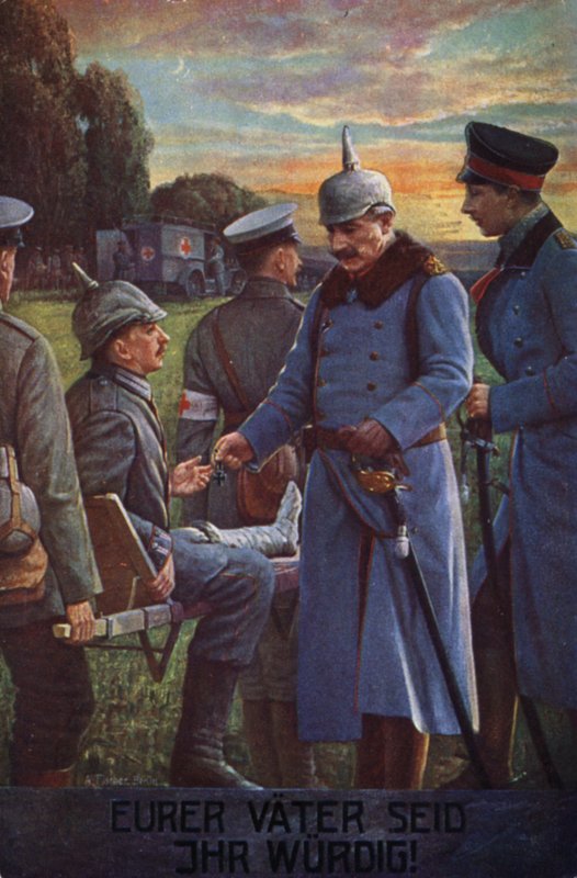 Jullie zijn jullie vaders waardig: Kaiser Wilhelm II reikt het IJzeren Kruis uit aan een gewonde Duitse soldaat (kleurenlitho) door German School