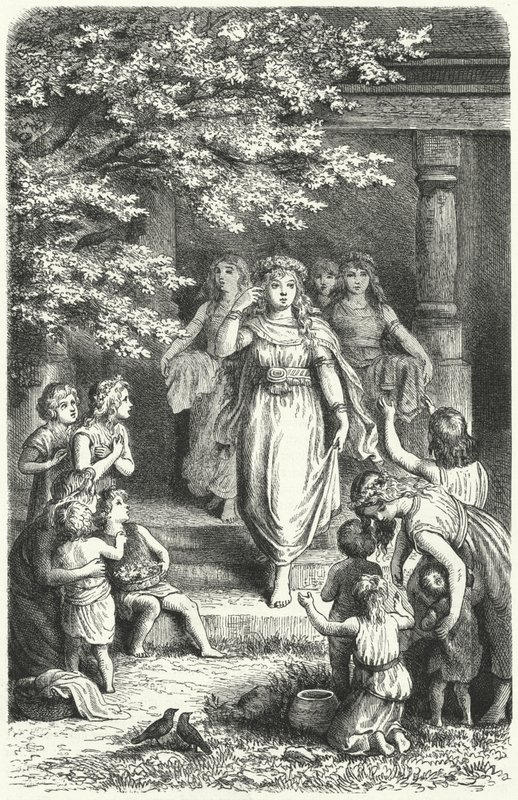 Jonge Duitse vrouwen dragen kransen om het festival van Eostre (Ostara) te vieren door German School