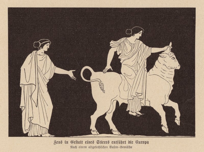 Zeus, in de vorm van een stier, ontvoert Europa (litho) door German School