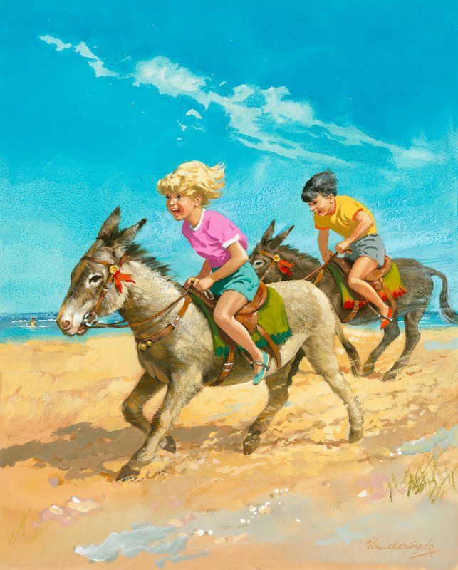 Jongen en meisje rijden op ezels op het strand door Gerritt Vandersyde