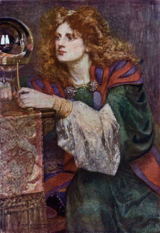 Britomart bespiedt de Spiegel (kleur litho) door Gertrude E. Demain (after) Hammond