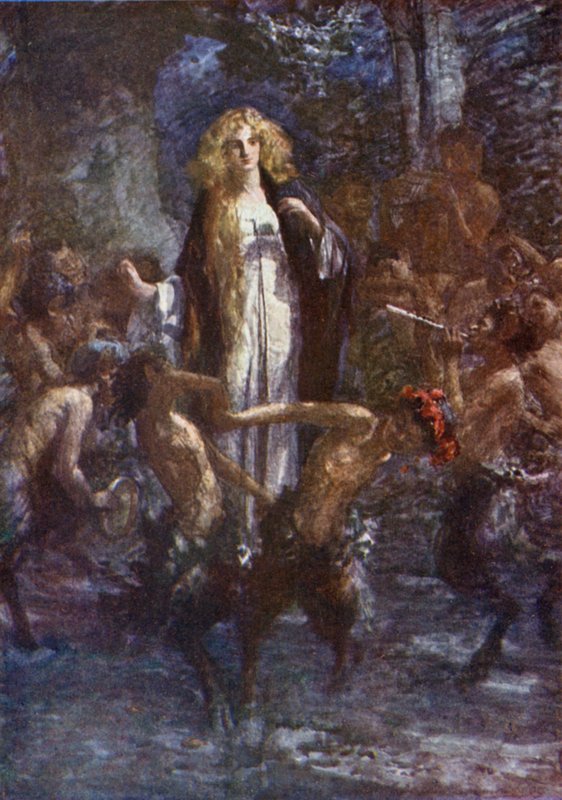 "De Satyrs dansten vrolijk om haar heen" (kleur litho) door Gertrude E. Demain (after) Hammond