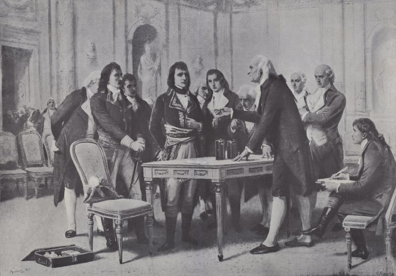 Alessandro Volta demonstreert zijn batterij aan Napoleon, Eerste Consul van Frankrijk, 1801 door Giuseppe Bertini
