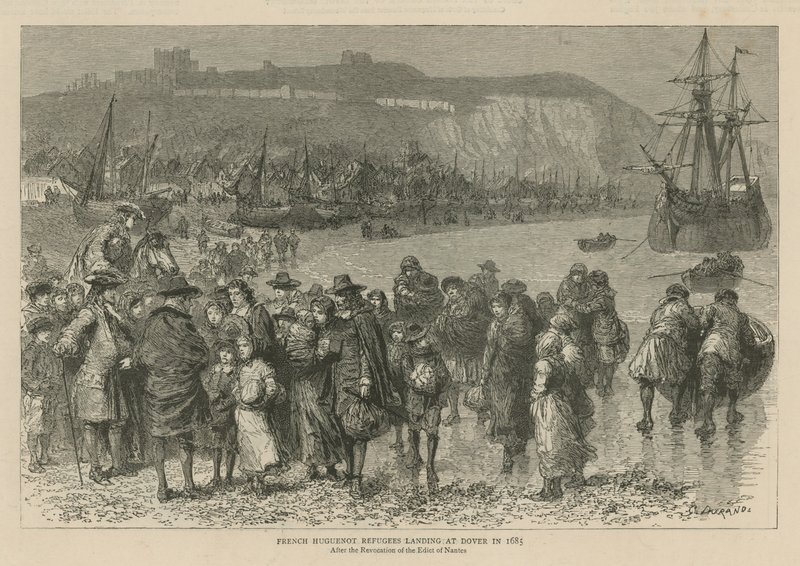 De hugenoten in Engeland: Franse Hugenoten-vluchtelingen landen in Dover in 1685 (gravure) door Godefroy Durand