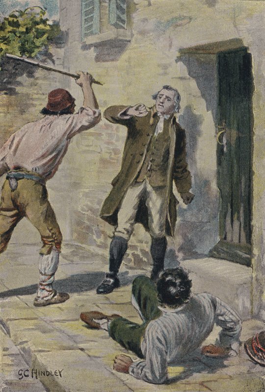 John Lombe aangevallen door Italianen tijdens een bezoek aan Italië om spinmachines te onderzoeken door Godfrey C. Hindley