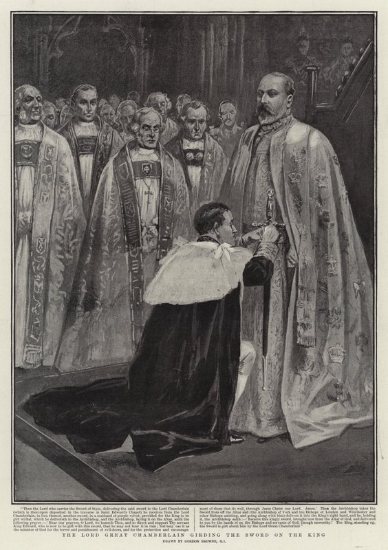 De Lord Great Chamberlain omgordt het zwaard aan de koning door Gordon Frederick Browne