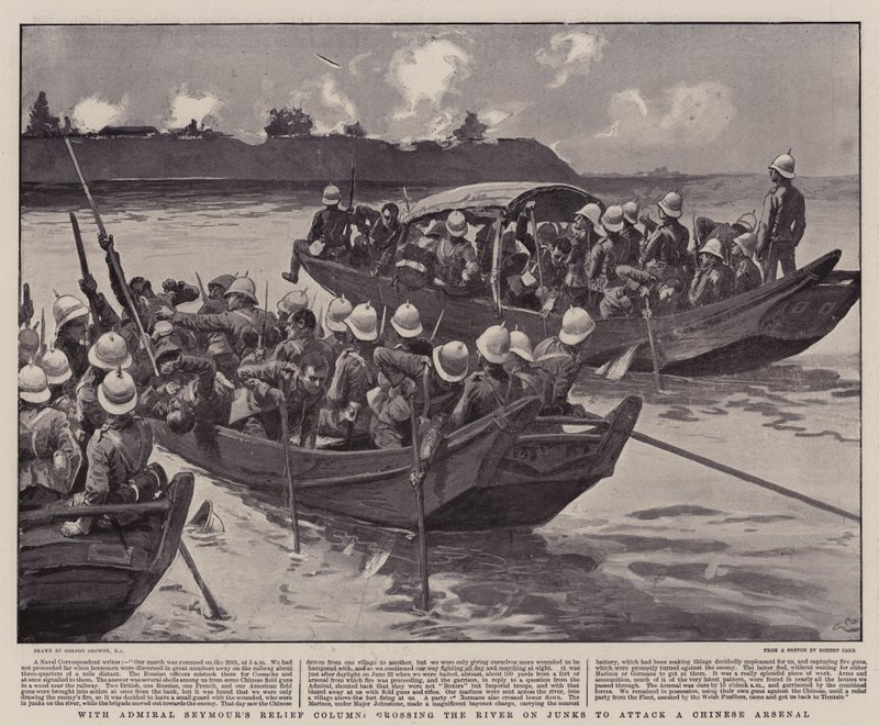 Met de hulpcolonne van admiraal Seymour, de rivier oversteken op jonken om een Chinees arsenaal aan te vallen door Gordon Frederick Browne