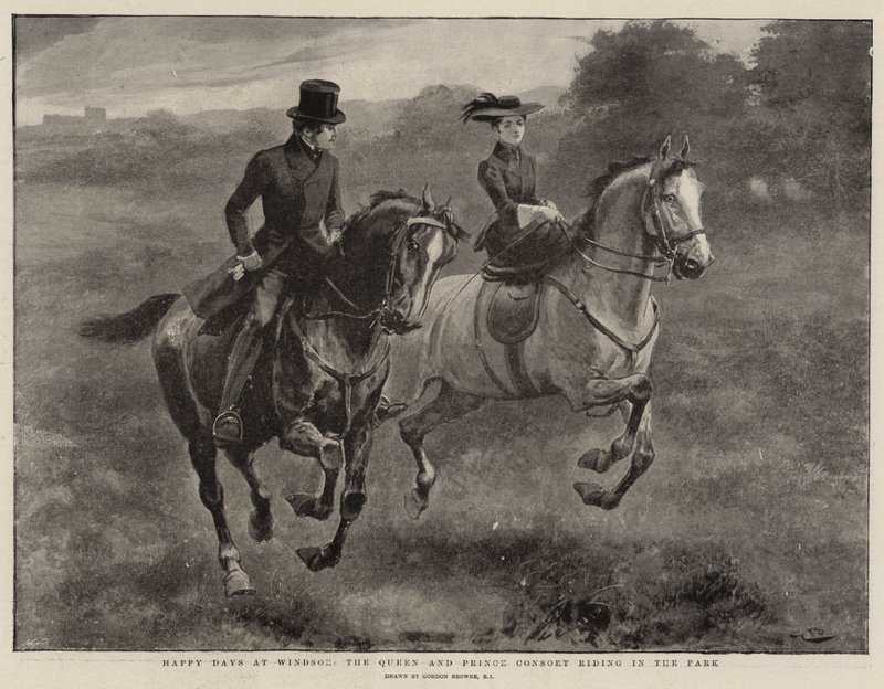 Gelukkige dagen in Windsor, de koningin en prins-gemaal rijden in het park door Gordon Frederick Browne