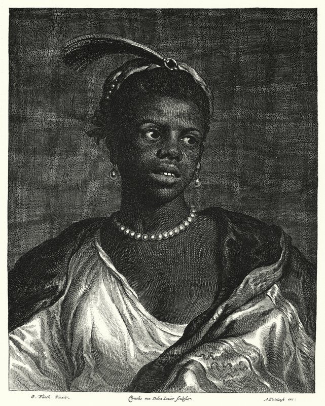 Portret van een zwarte vrouw (gravure) door Govaert (after) Flinck