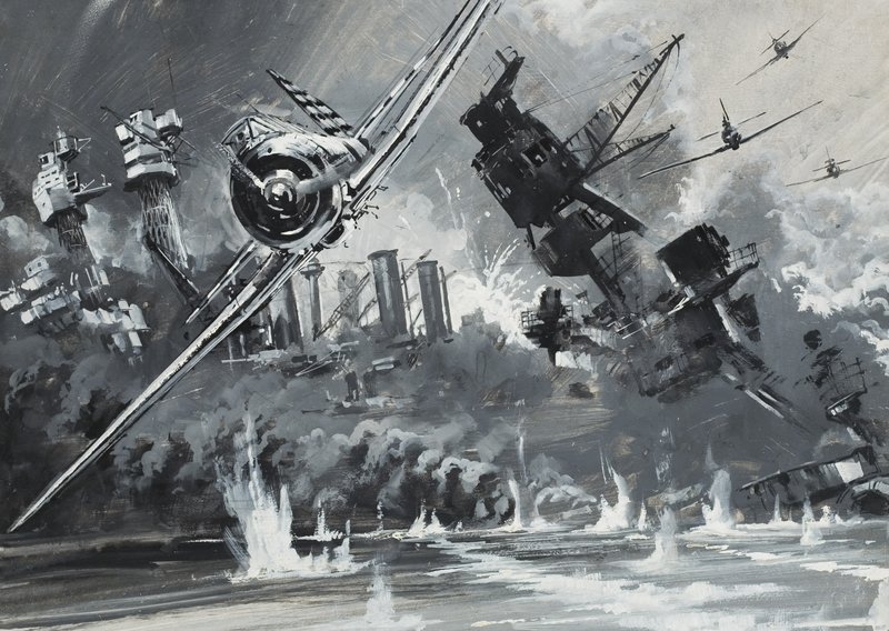 Pearl Harbour, 7 december 1941 (gouache op papier) door Graham Coton