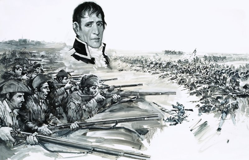 Portret van generaal Andrew Jackson boven afbeelding van de Britse nederlaag bij New Orleans in 1815 door Graham Coton