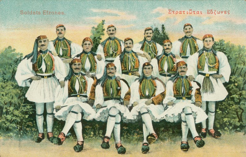 Evzones soldaten (kleurenlitho) door Greek School