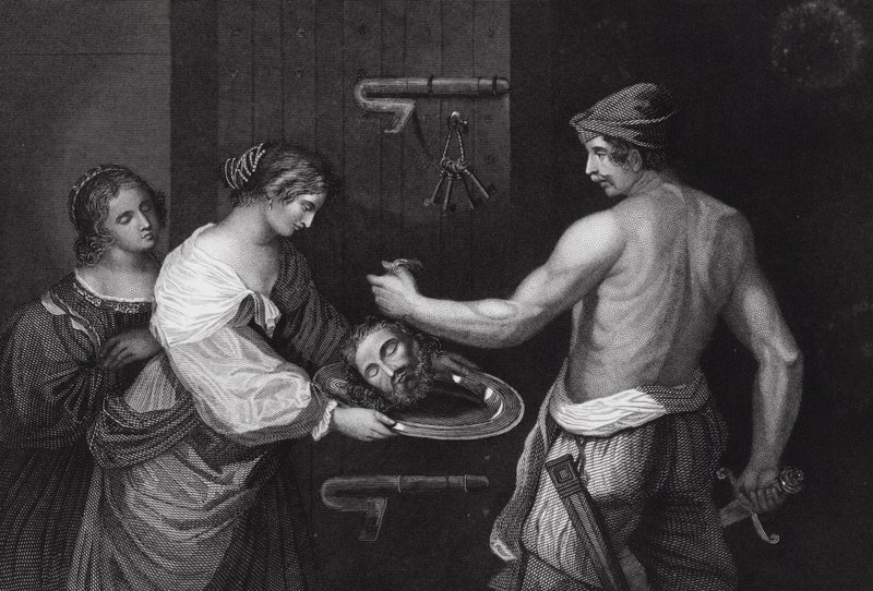 Het Hoofd van Johannes de Doper gebracht op een Schotel, Mattheüs, Hoofdstuk XIV, vers 6 door Guercino (1591 1666) (after)