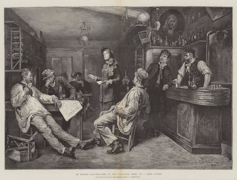 Een Engelse vrouwelijke predikant van het Leger des Heils, in een Zwitserse taverne door Gustaf Olaf Cederstrom