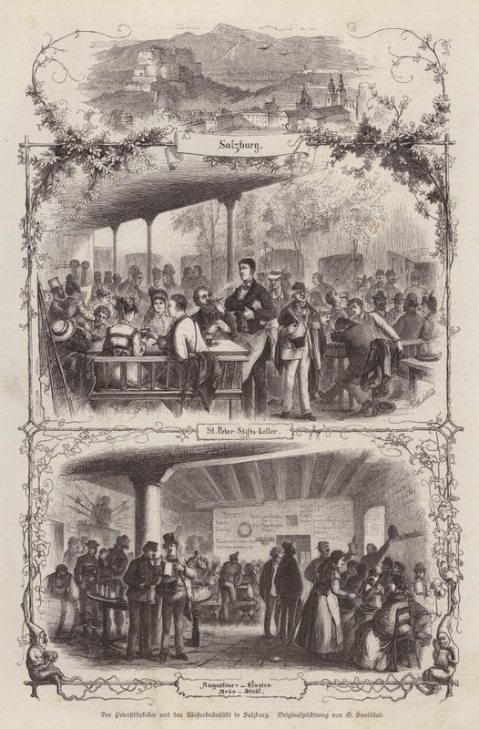 Peterstiftkeller en Klosterbraustubl, bierhallen in Salzburg, Oostenrijk door Gustav (after) Sundblad