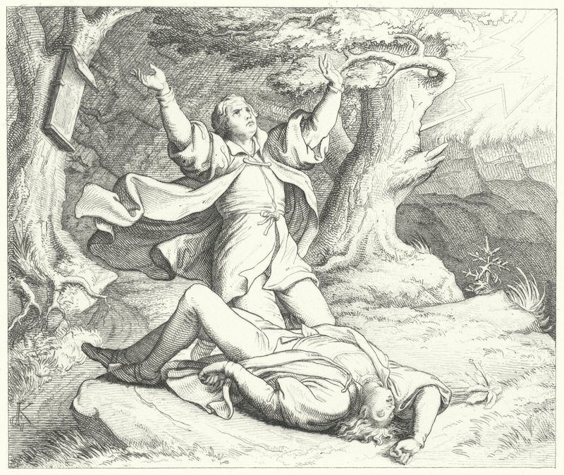 Alexis, vriend van Maarten Luther, nadat hij door de bliksem is getroffen tijdens hun reizen, 1505 door Gustav Ferdinand Leopold Konig