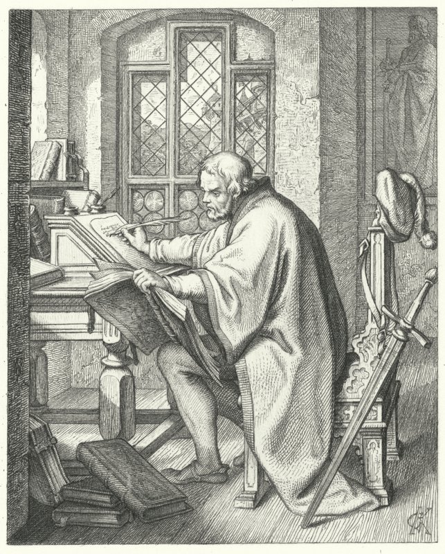 Maarten Luther begint de vertaling van de Bijbel in kasteel Wartburg (gravure) door Gustav Ferdinand Leopold Konig