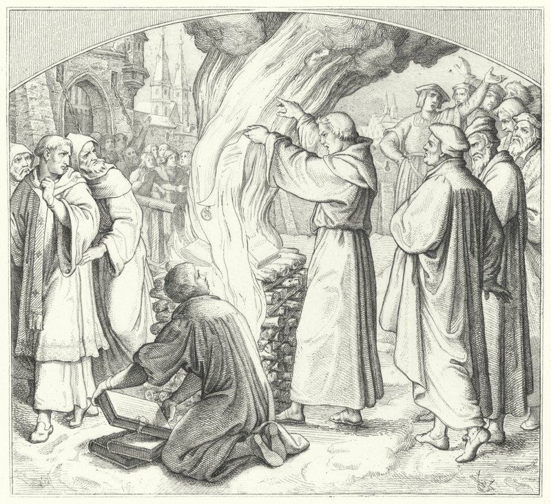 Maarten Luther verbrandt de pauselijke bul in Wittenberg, 1520 door Gustav Ferdinand Leopold Konig